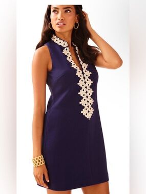 Lilly Pulitzer Navy Callista Shift Dress White Lace Trim Medium